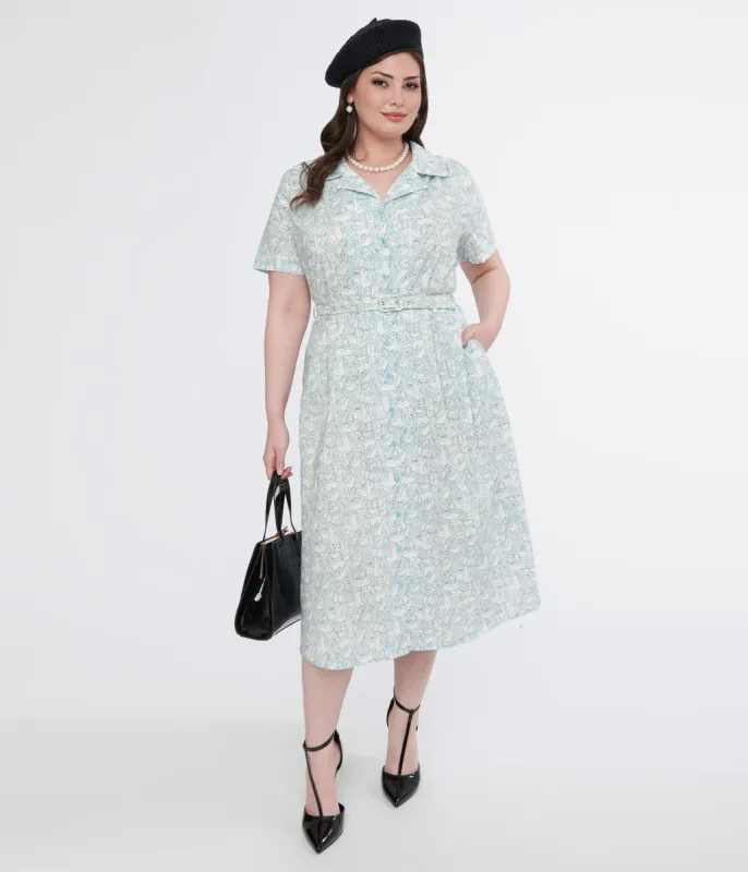 Plus Size 1940s Light Blue & White Cat Print Cotton Midi Dress sold by Unique Vintage