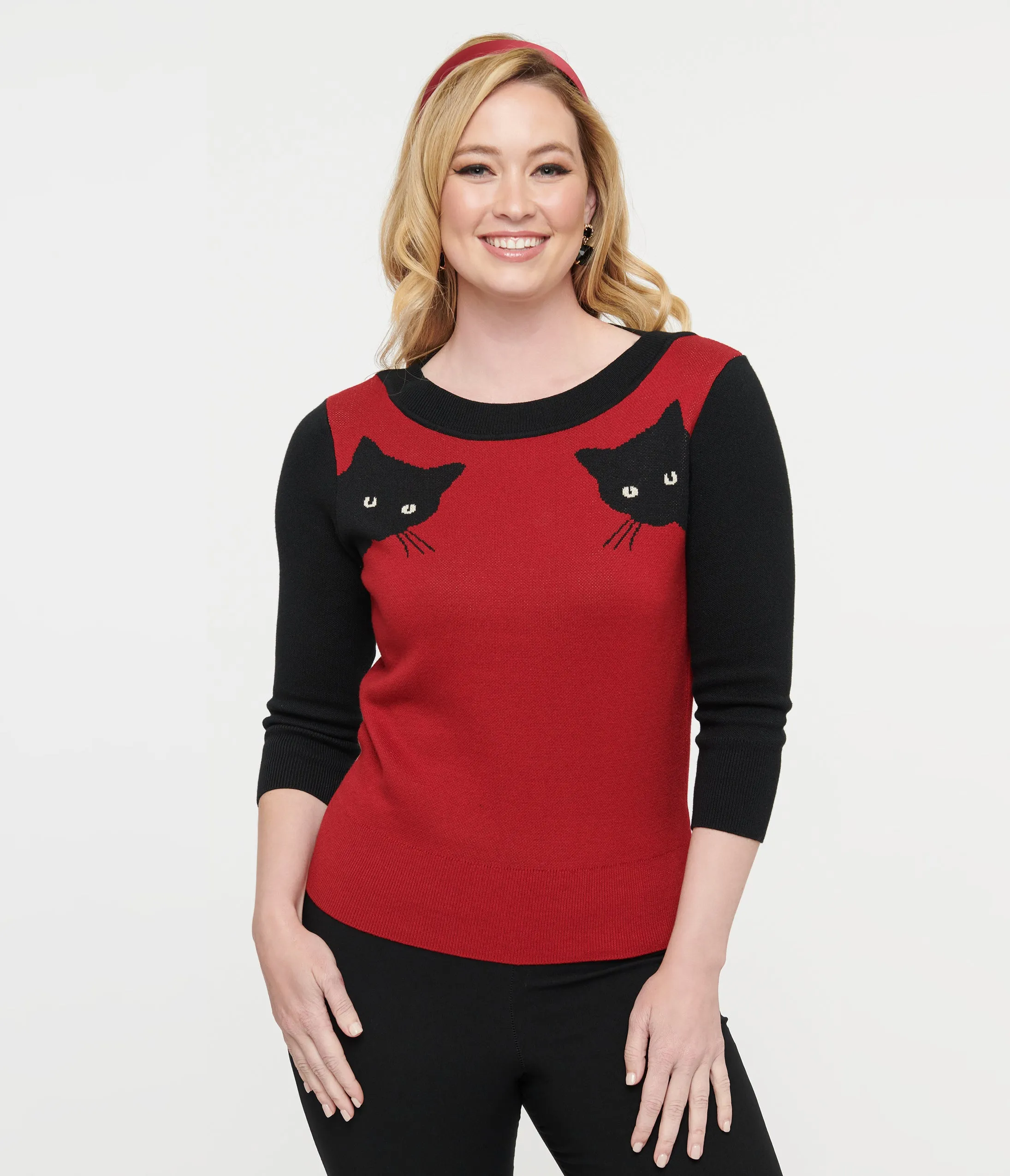 Unique Vintage 1950s Burgundy & Black Cat Sleeve Minou Sweater sold by Unique Vintage product image thumbnail 3