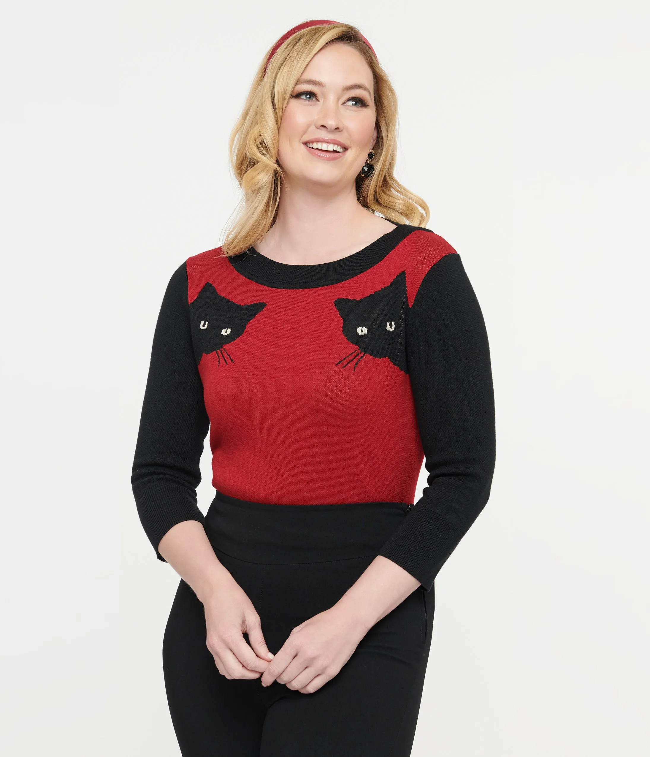 Unique Vintage 1950s Burgundy & Black Cat Sleeve Minou Sweater sold by Unique Vintage