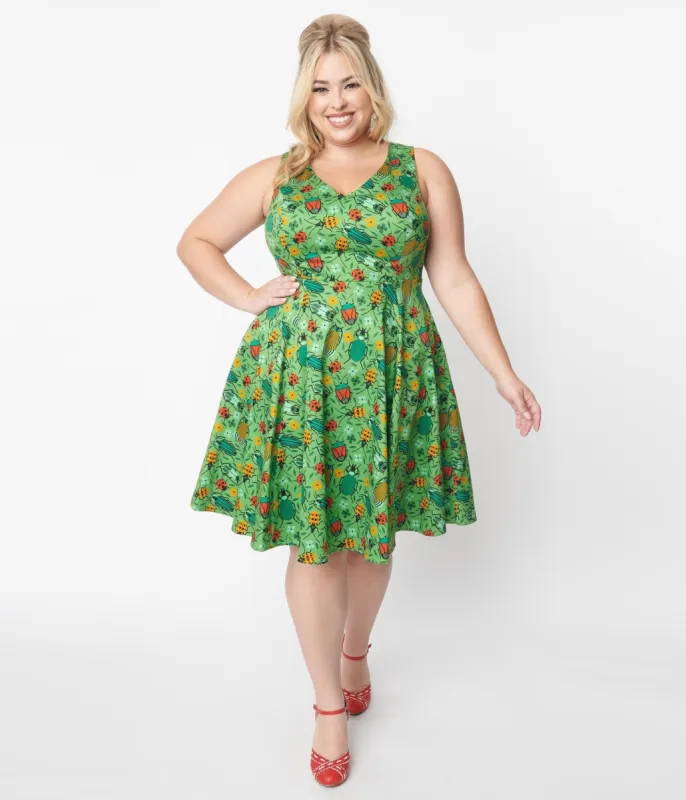 Green Bugs In The Garden Swing Dress made by Unique Vintage