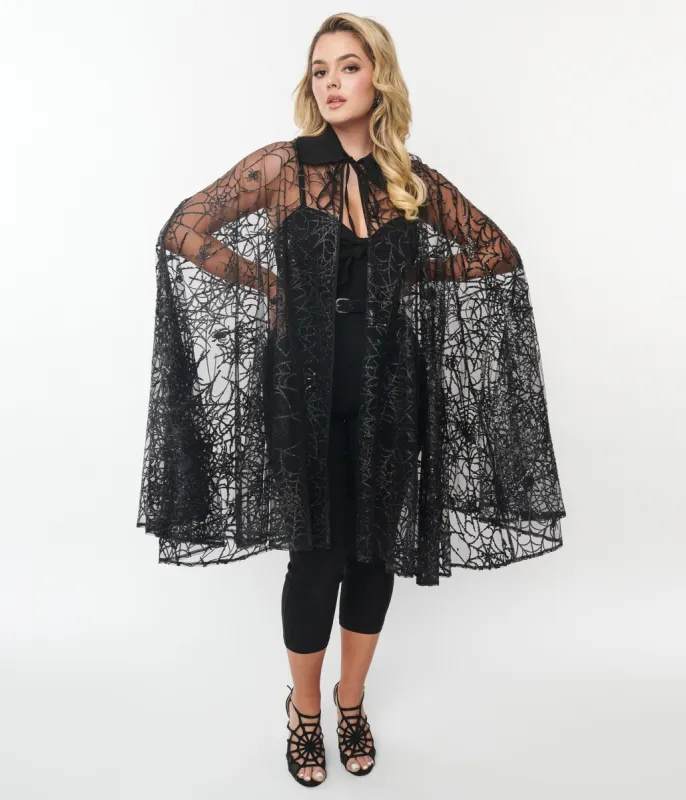 Unique Vintage Black Glitter Spiderweb Mesh Cape sold by Unique Vintage