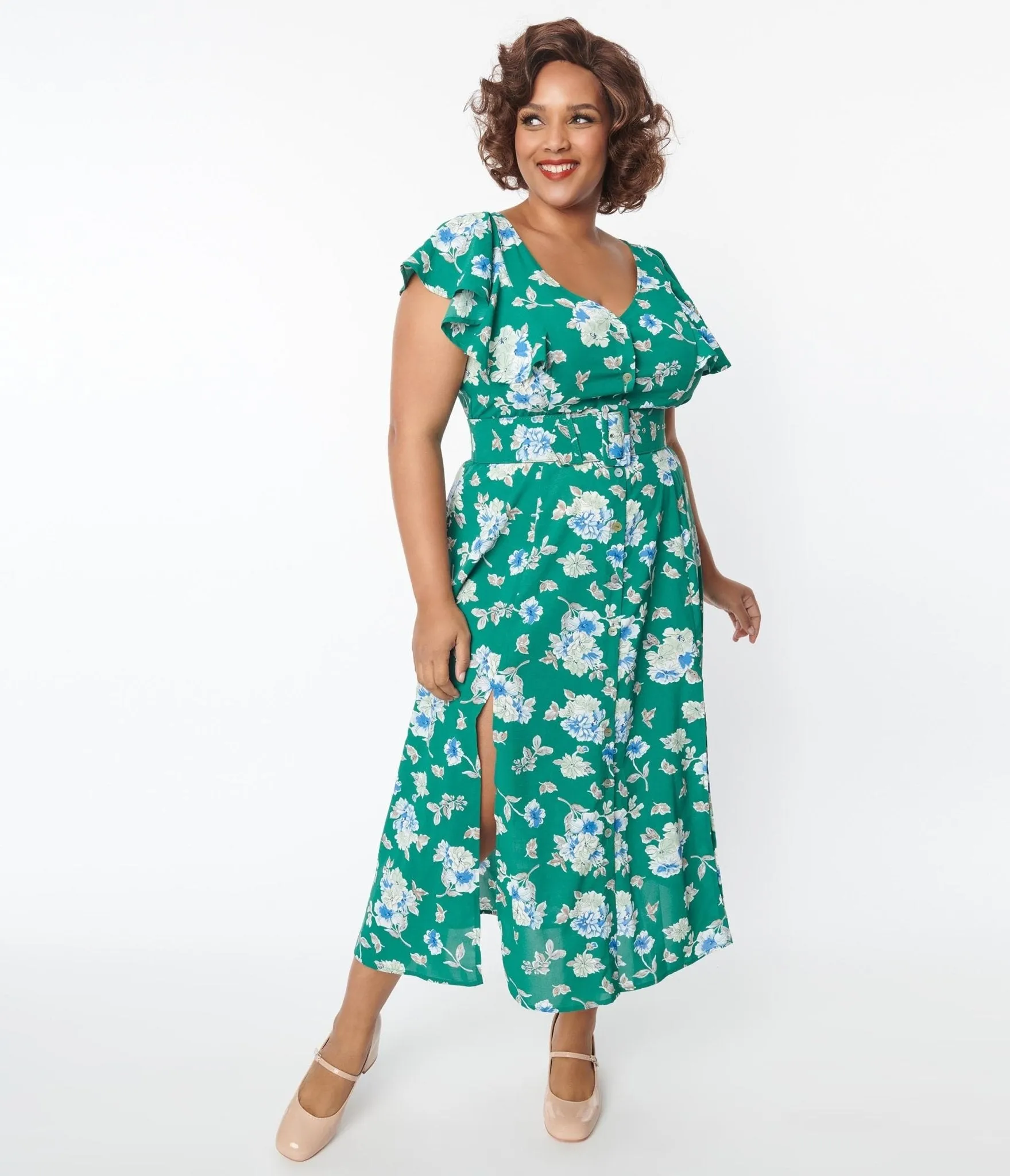 Unique Vintage 1970s Green Floral Flutter Sleeve Midi Dress sold by Unique Vintage product image thumbnail 4