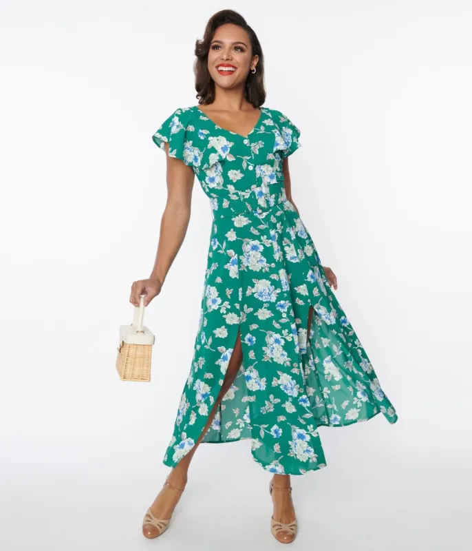 Unique Vintage 1970s Green Floral Flutter Sleeve Midi Dress sold by Unique Vintage