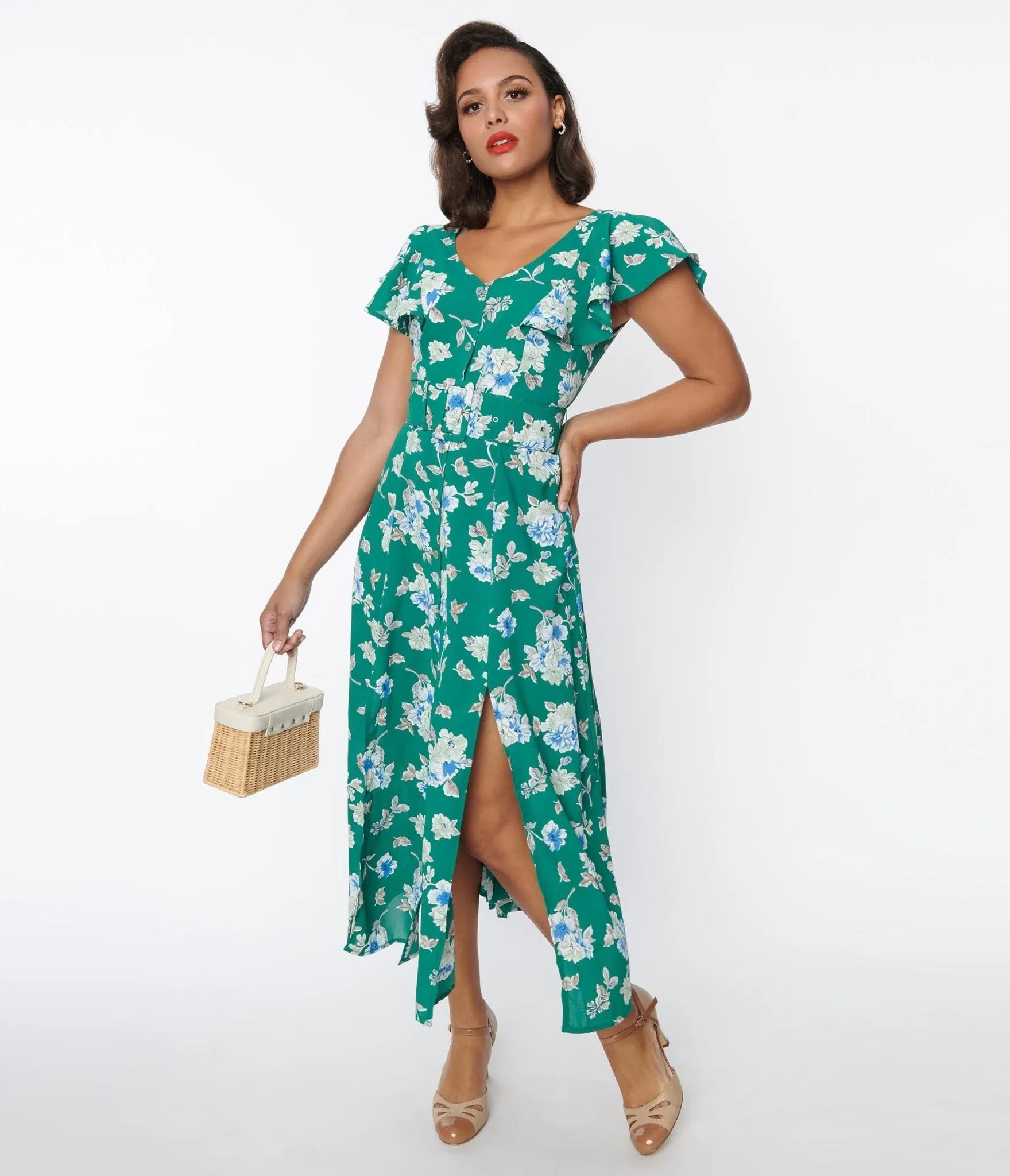 Unique Vintage 1970s Green Floral Flutter Sleeve Midi Dress sold by Unique Vintage product image thumbnail 5