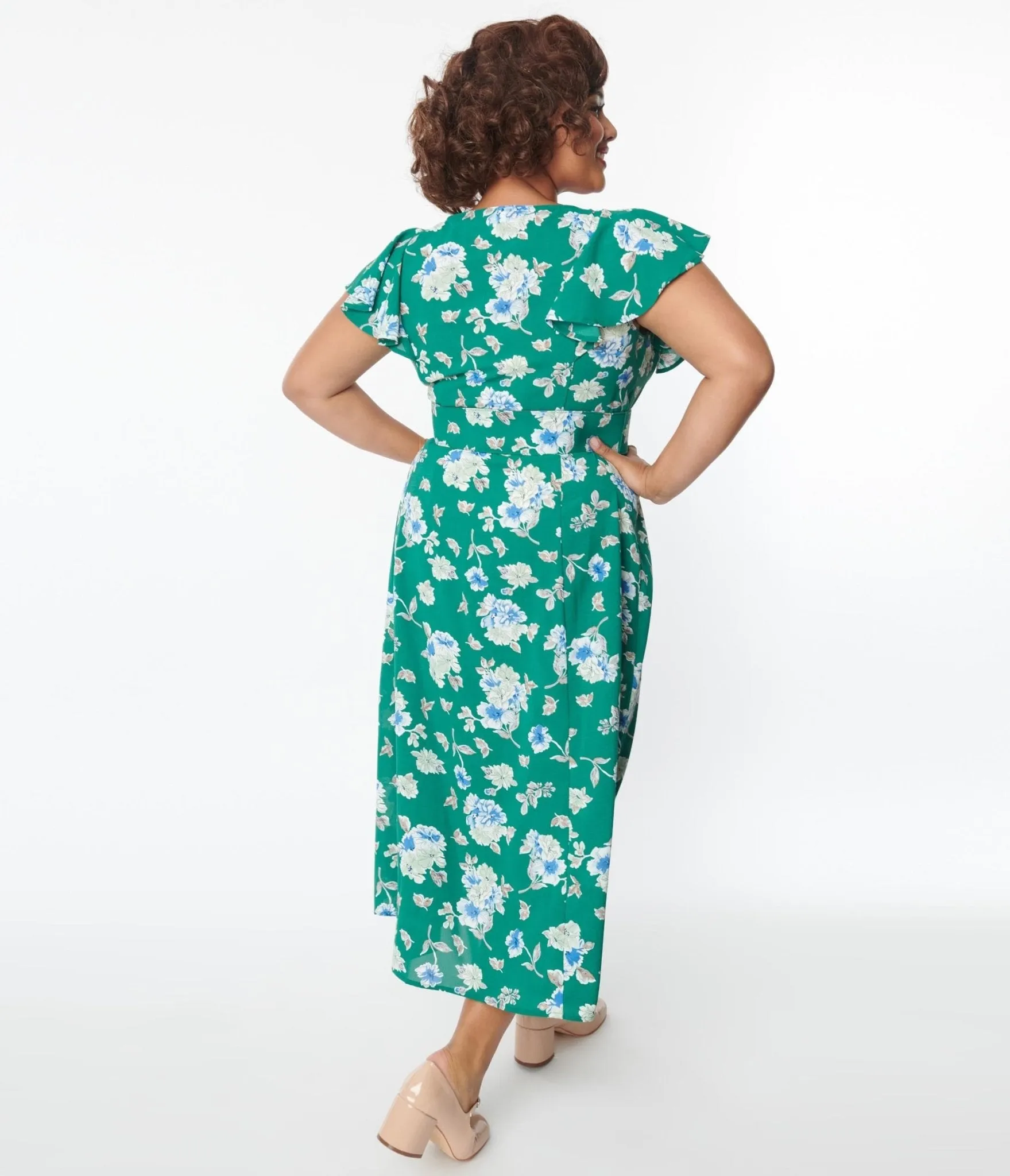 Unique Vintage 1970s Green Floral Flutter Sleeve Midi Dress sold by Unique Vintage product image thumbnail 3