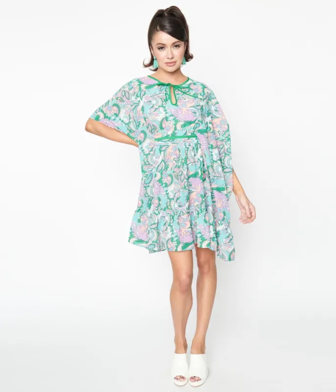 Smak Parlor 1970s Green & Purple Paisley Mini Caftan sold by Unique Vintage