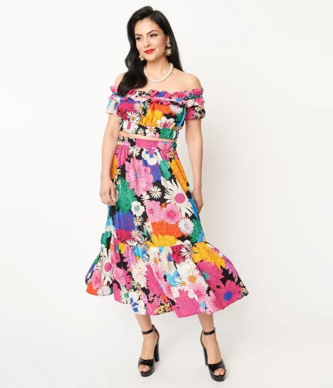 Unique Vintage 1970s Black & Rainbow Floral Midi Skirt sold by Unique Vintage