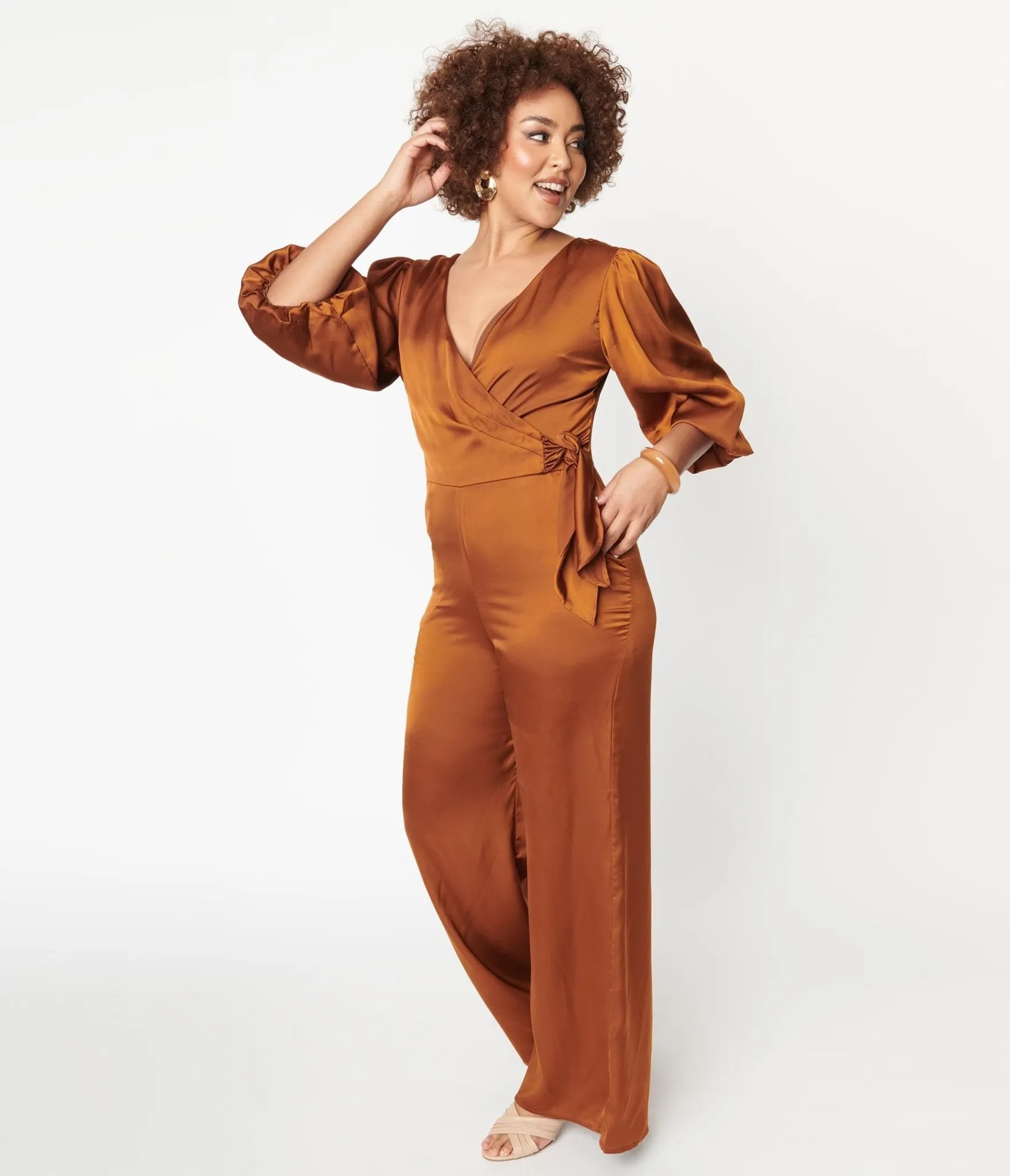 1970s Copper Satin Bow Jumpsuit sold by Unique Vintage product image thumbnail 4