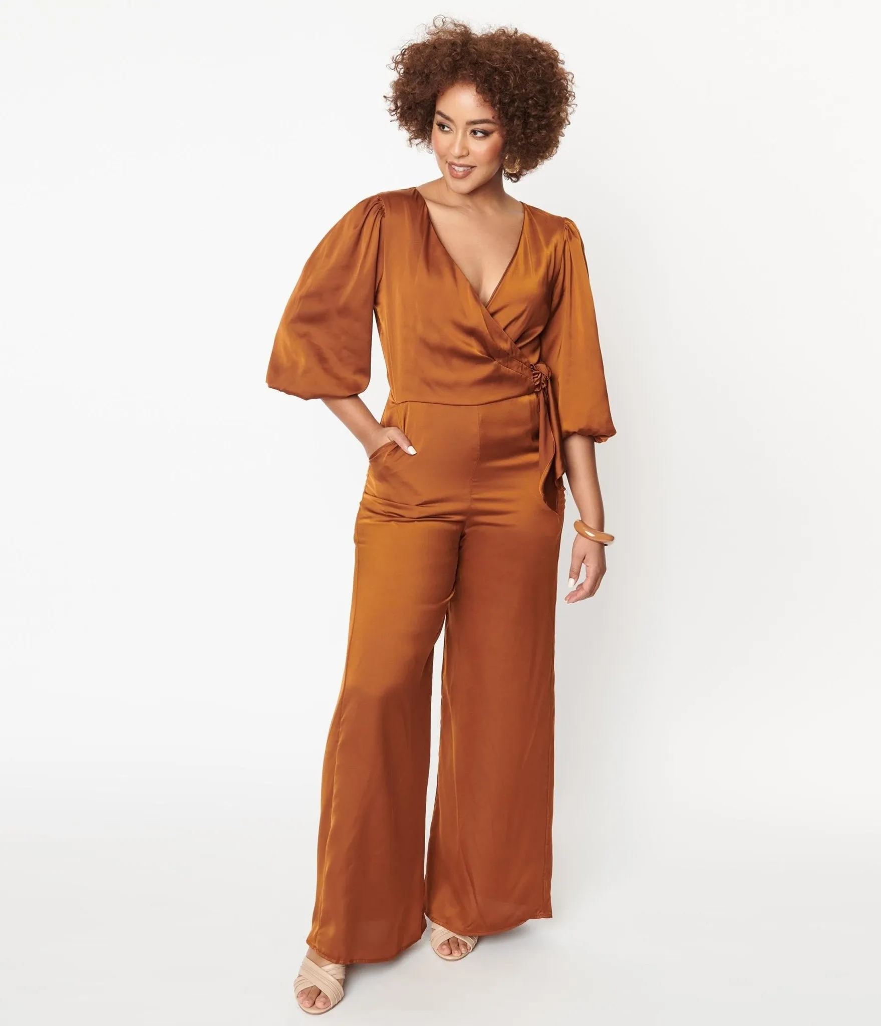 1970s Copper Satin Bow Jumpsuit sold by Unique Vintage product image thumbnail 5