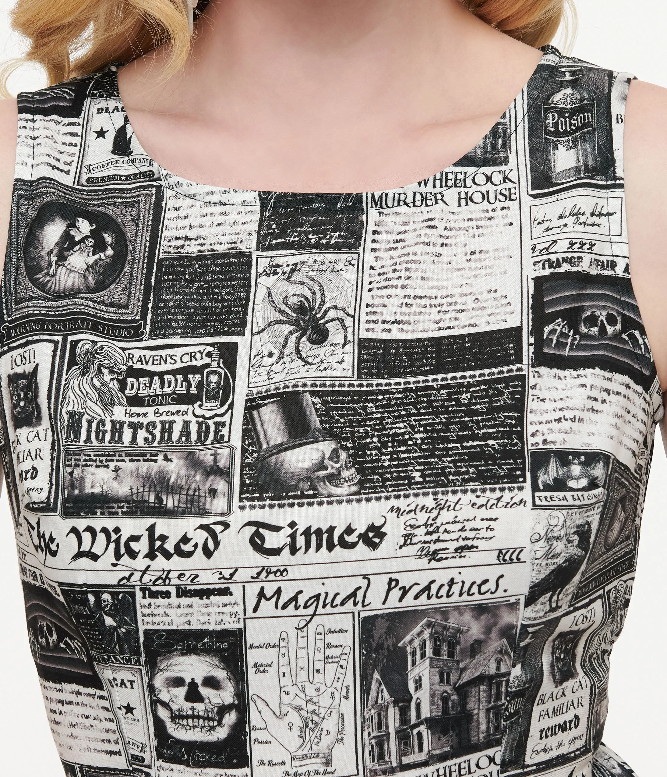 Retrolicious 1950s Black & White Halloween Newspaper Midi Dress sold by Unique Vintage product image thumbnail 2