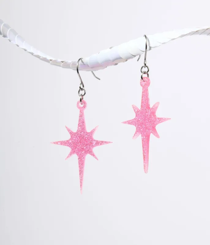 Pink Glitter Atomic Star Dangle Earrings sold by Unique Vintage