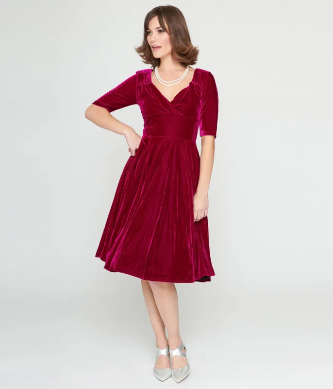 Collectif Plum Velvet Trixie Flare Dress sold by Unique Vintage