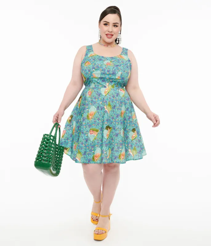 Retrolicious Plus Size 1950s Blue Cat Leaf Print Cotton Skater Dress sold by Unique Vintage