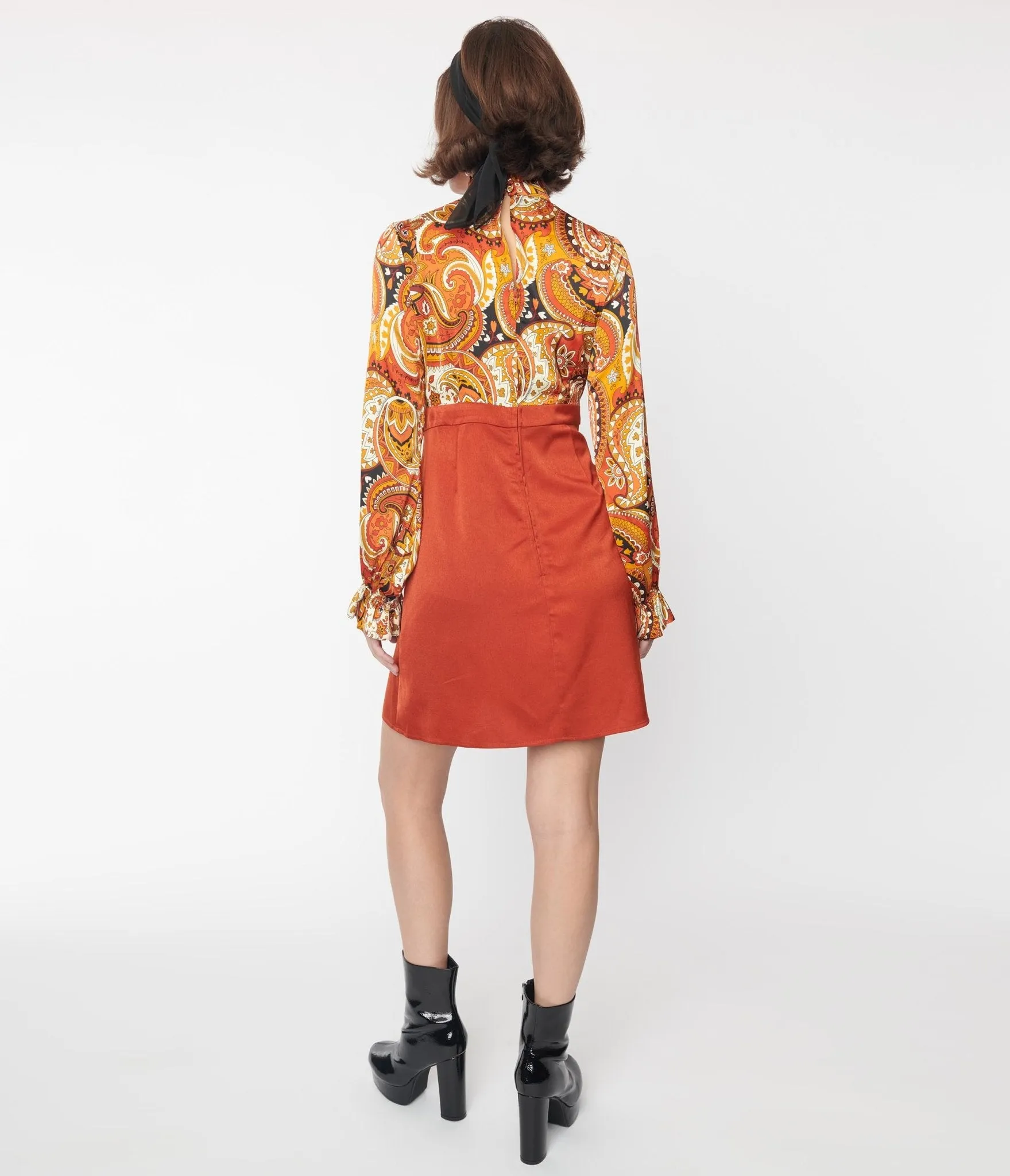 Smak Parlour Brick Red & Orange Paisley Ruffle Neck Empire A-Line Dress sold by Unique Vintage product image thumbnail 3