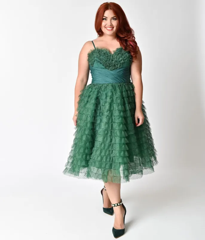 Unique Vintage Plus Size 1950s Emerald Green Ruffled Tulle Sweetheart Cupcake Swing Dress made by Unique Vintage