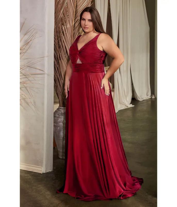 Cinderella Divine  Plus Size Burgundy Satin Ruched Knotted Keyhole Evening Gown sold by Unique Vintage