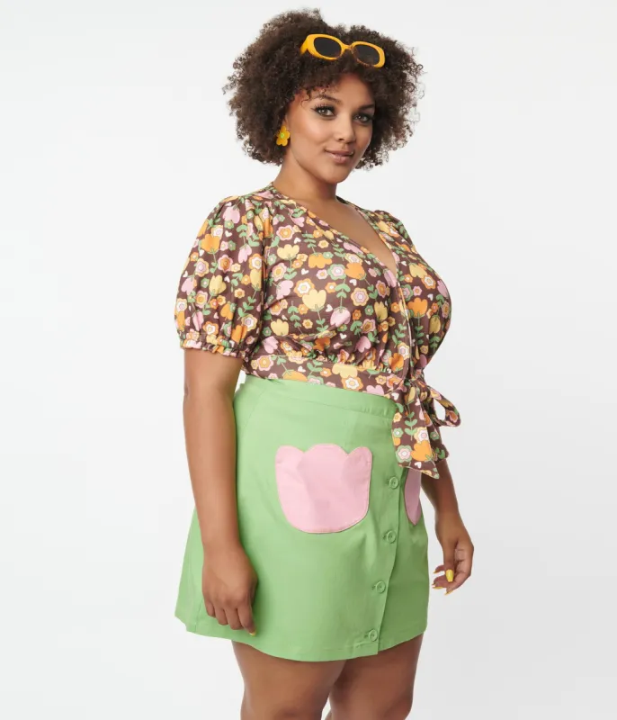 Smak Parlour Plus Size Green & Pink Tulip Match Game Skirt sold by Unique Vintage