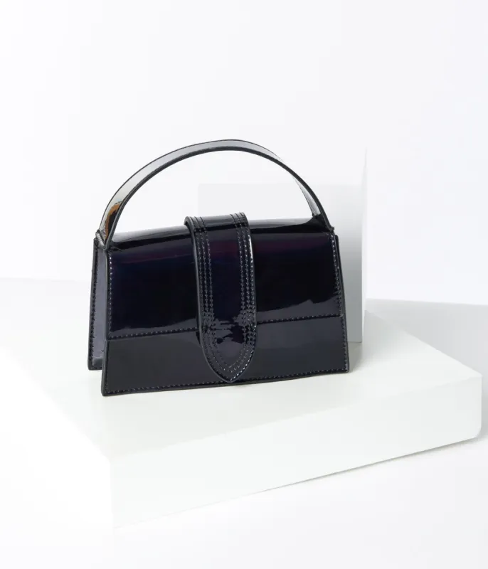 Black Patent Leatherette Square Handbag sold by Unique Vintage