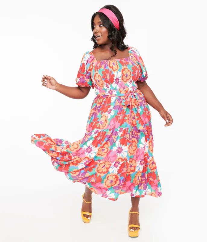 1970s Red & Pink Abstract Floral Midi Dress made by Flying Tomato