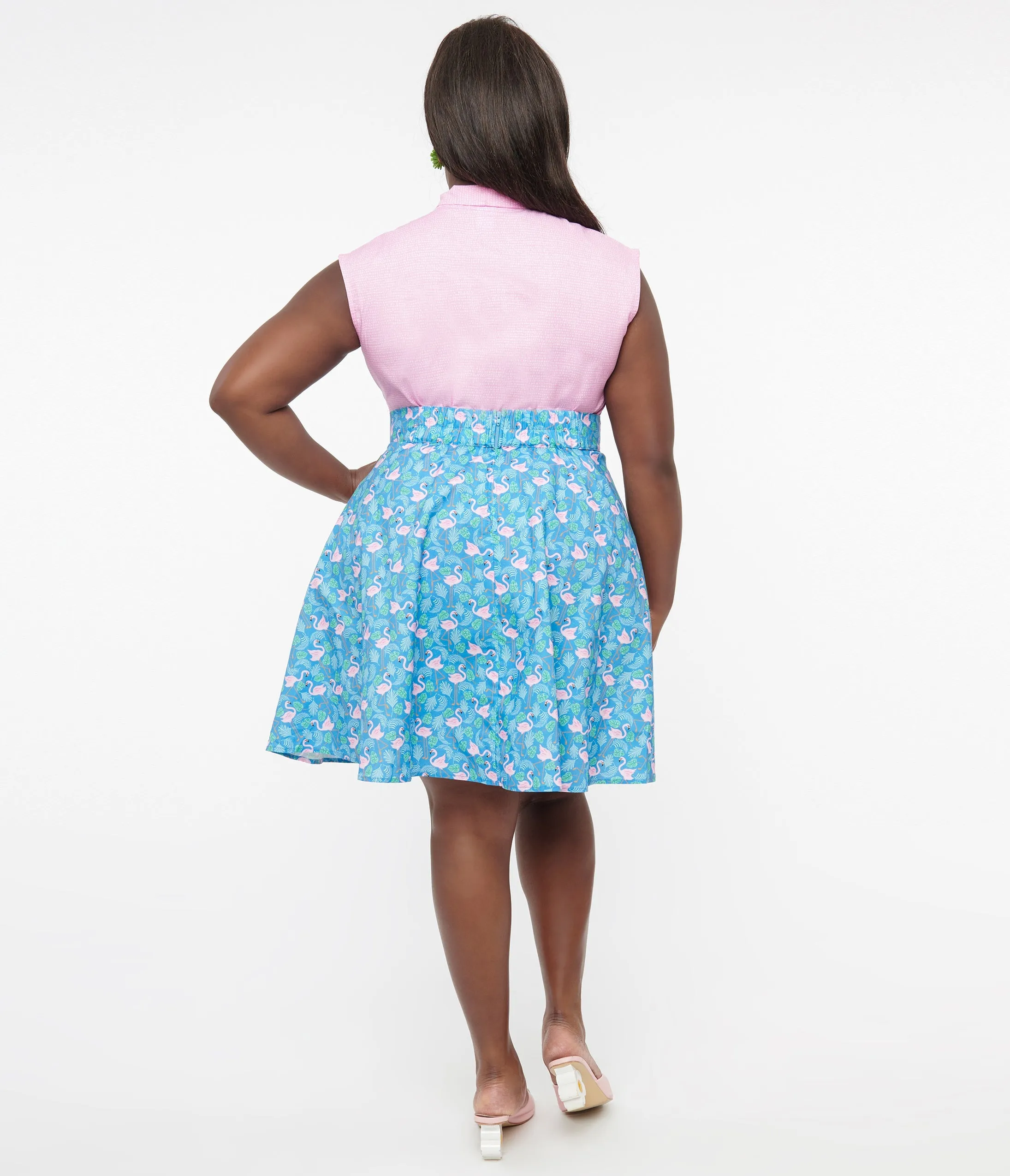 Retrolicious Plus Size 1950s Blue & Pink Flamingo Print Cotton Skater Skirt sold by Unique Vintage product image thumbnail 3