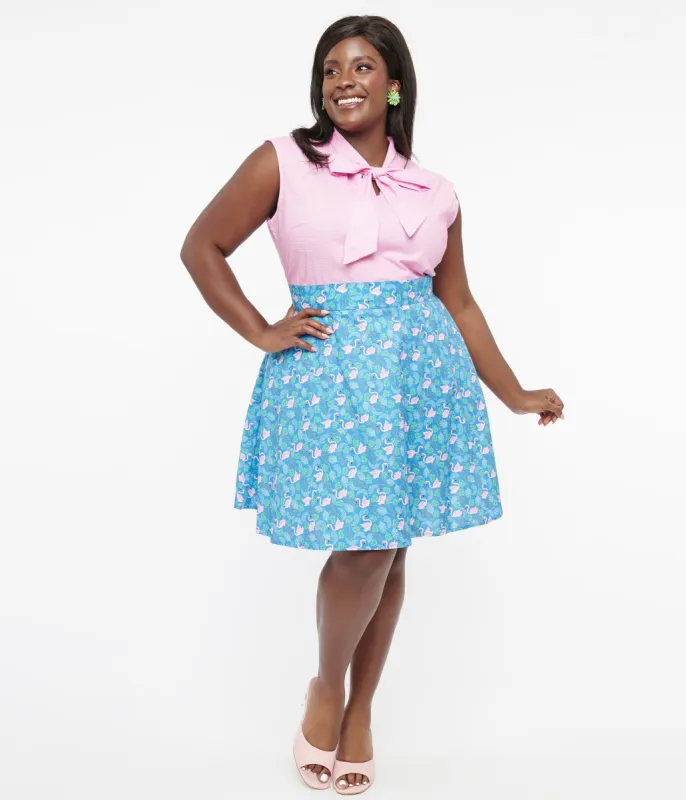Retrolicious Plus Size 1950s Blue & Pink Flamingo Print Cotton Skater Skirt sold by Unique Vintage