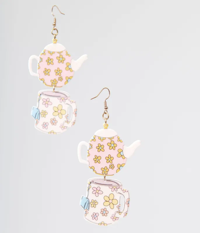 1960s Spot Of Tea Flower Teapot & Teacup Earrings sold by Unique Vintage
