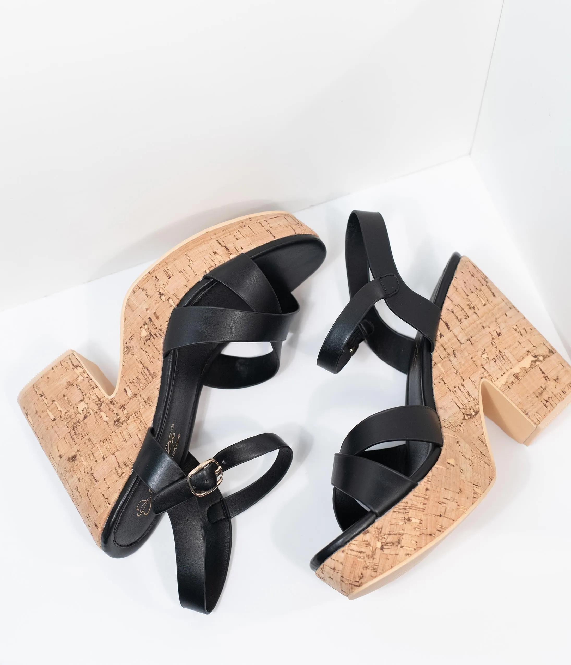 Black Leatherette & Cork Stacked Platform Heels sold by Unique Vintage