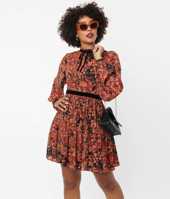 Unique Vintage Black & Red Orange Floral Flare Dress sold by Unique Vintage