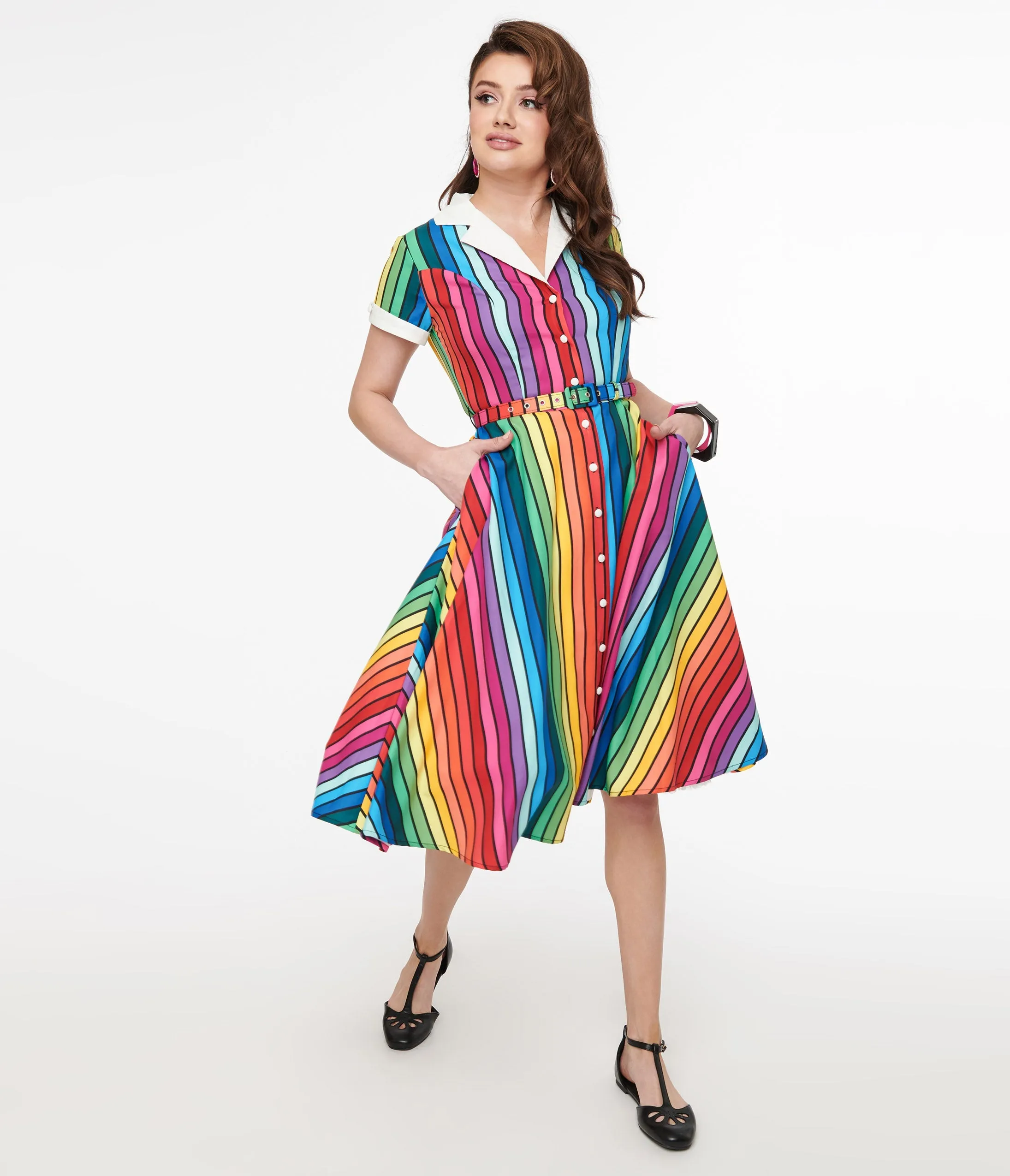 Unique Vintage 1950s Rainbow Stripe Pride Alexis Swing Dress sold by Unique Vintage