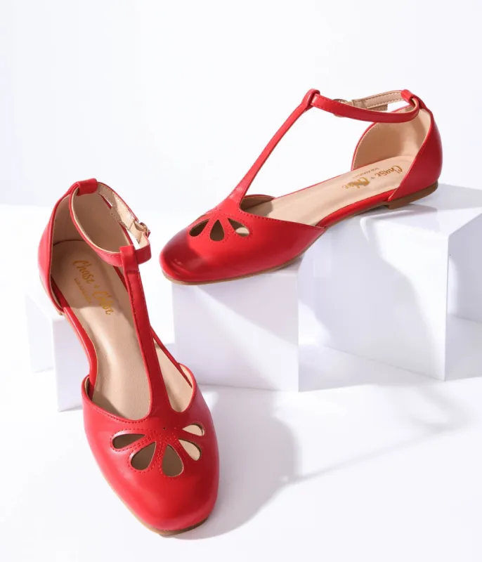 1920s Style Red Leatherette T-Strap Flats sold by Unique Vintage
