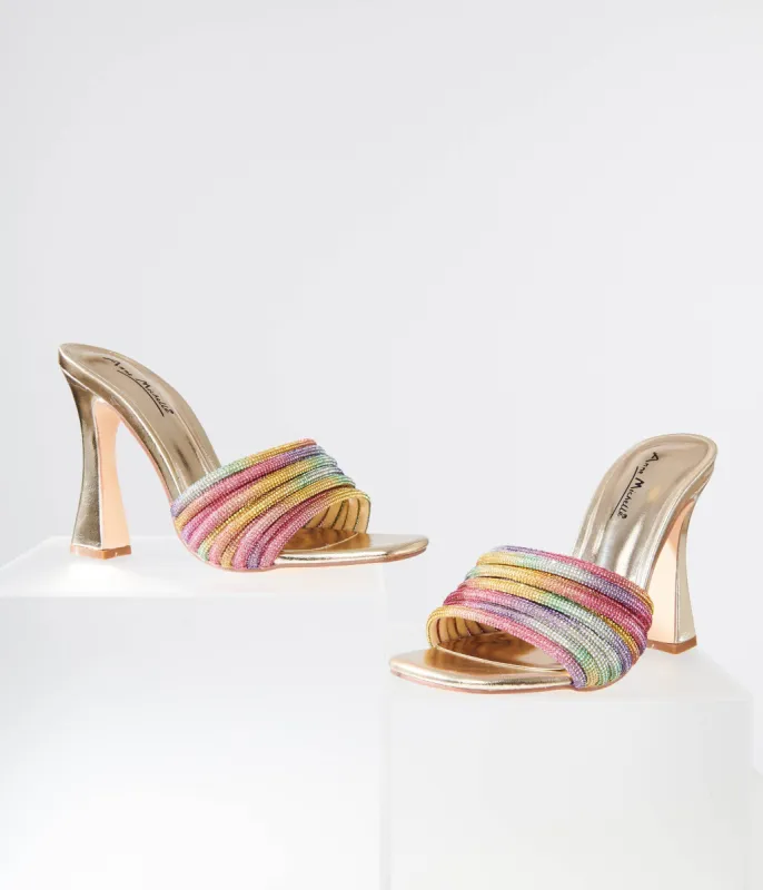 Rainbow Rhinestone & Metallic Gold Heels sold by Unique Vintage