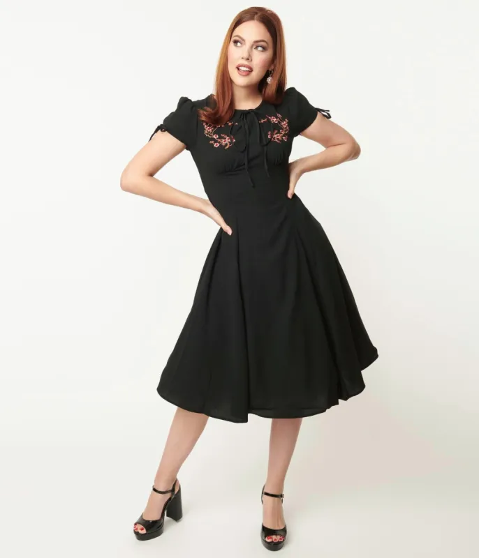1940s Black & Embroidered Pink Cherry Blossom Palmer Swing Dress sold by Unique Vintage