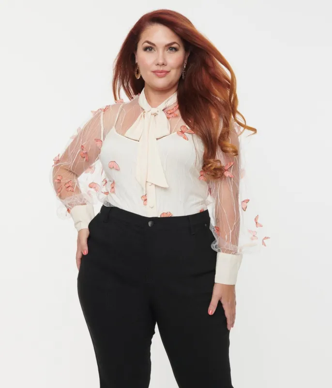 Unique Vintage Plus Size Ivory & Butterfly Mesh Gwen Blouse sold by Unique Vintage