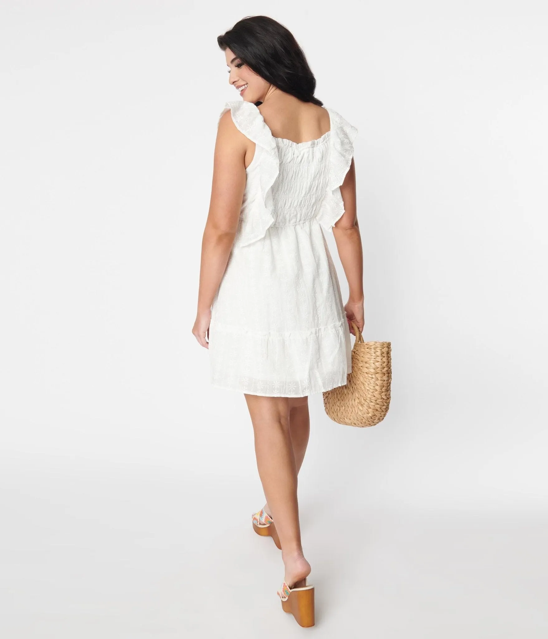 White Floral Embroidered Ruffled Shift Dress sold by Unique Vintage product image thumbnail 2