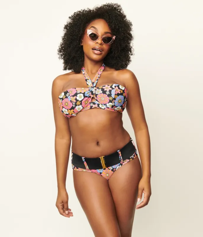 Unique Vintage Pink & Blue Floral Print Belted Sunsational Swim Bottom sold by Unique Vintage