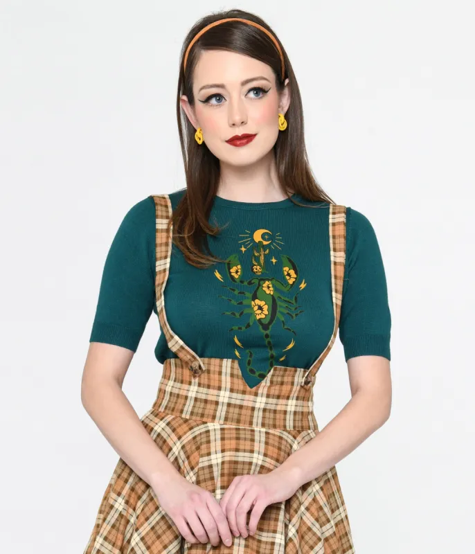 Peacock Blue Scorpion Print Knit Top made by Unique Vintage