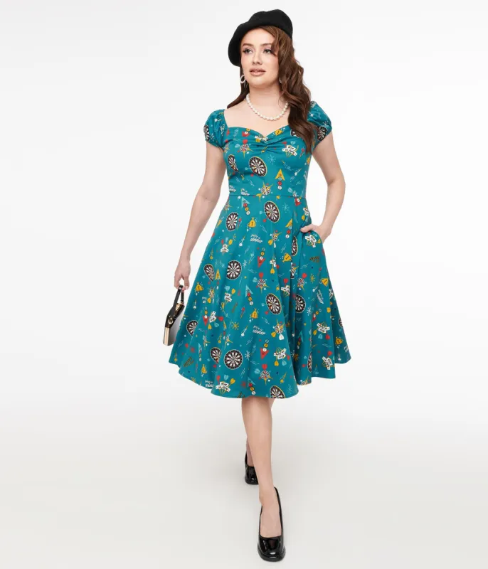 1950s Teal Dart Board Keep Em Flying Cotton Swing Dress made by Unique Vintage