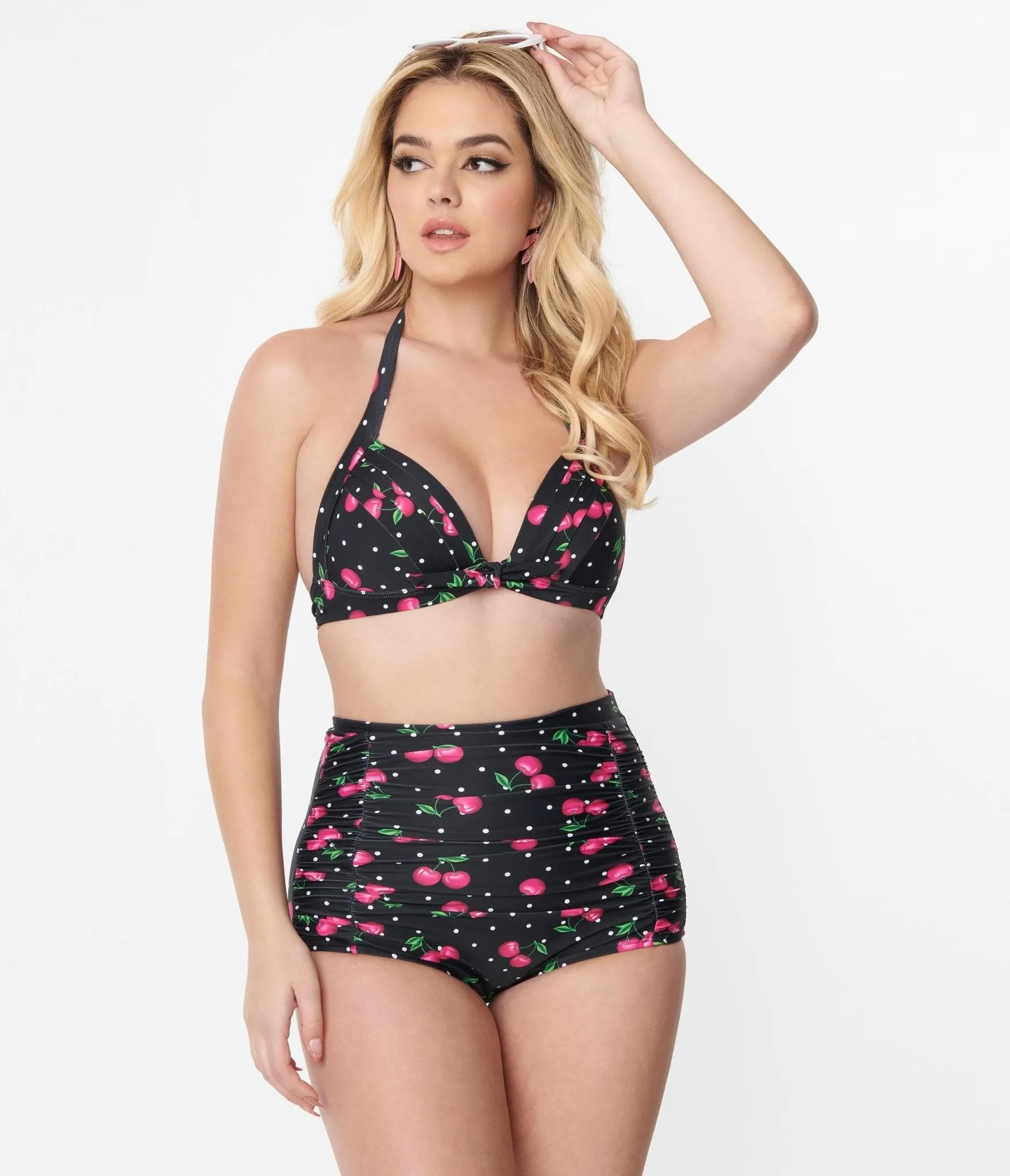 Unique Vintage Black & Hot Pink Cherry Pin Dot Monroe Swim Top sold by Unique Vintage