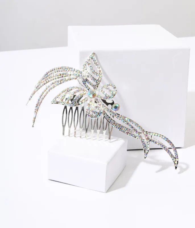 1920s Silver & Rainbow Rhinestone Butterfly Tiara Hair Comb sold by Unique Vintage
