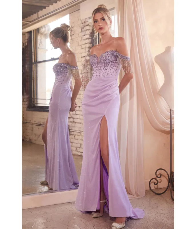 Cinderella Divine Lavender Off Shoulder Crystal Fringe Prom Dress sold by Unique Vintage