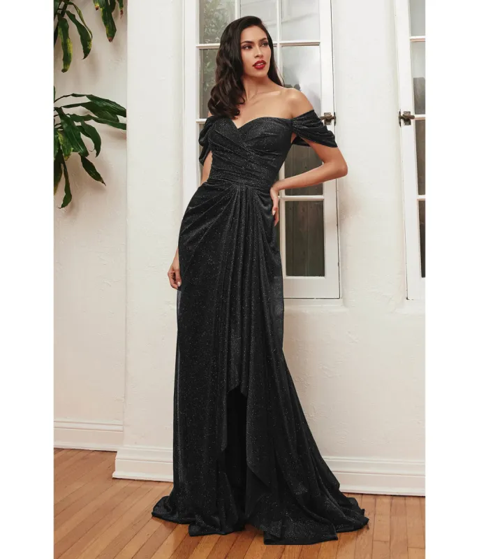 Cinderella Divine Black Glitter Draped Off The Shoulder Prom Dress sold by Unique Vintage