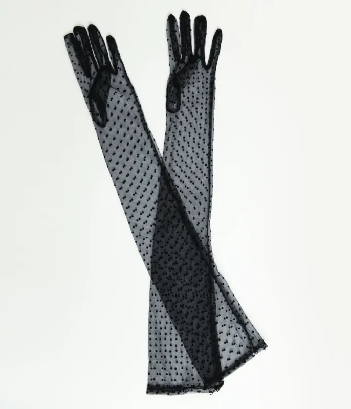 1920s Black Polka Dot Mesh Elbow Length Gloves sold by Unique Vintage