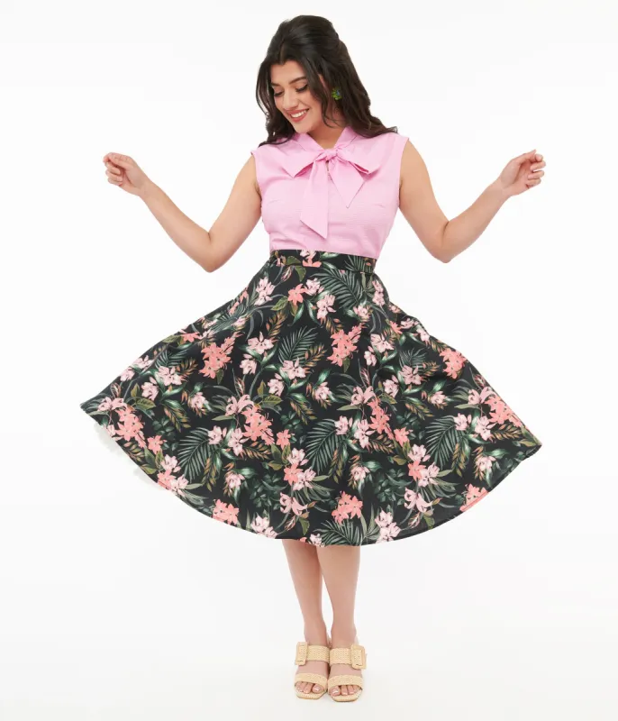 Hell Bunny 1950s Black & Pink Tropical Floral Print Cotton Calypso Swing Skirt sold by Unique Vintage