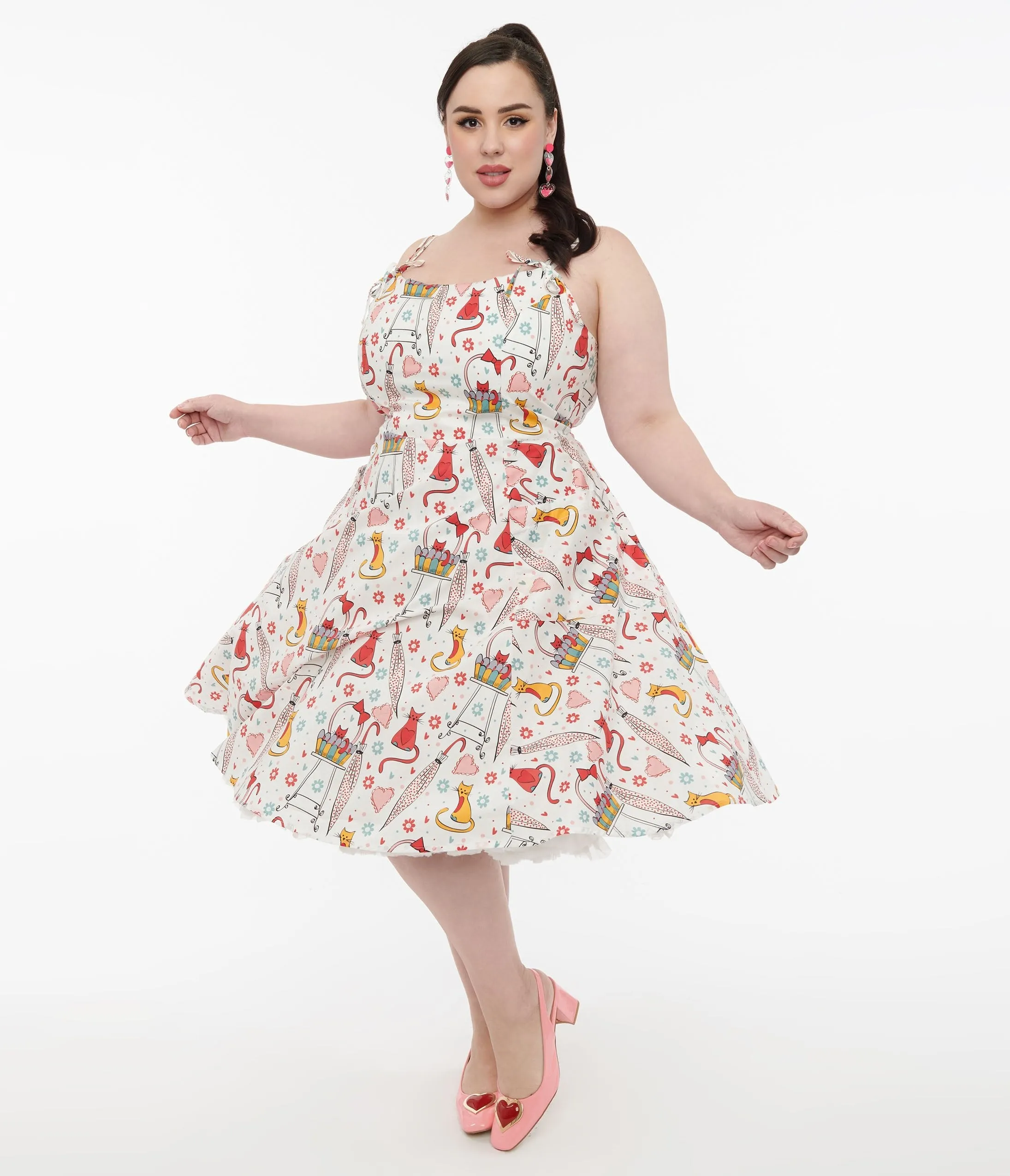 Unique Vintage Plus Size 1950s Red & Yellow Cat Print Cotton Bobbie Swing Dress sold by Unique Vintage