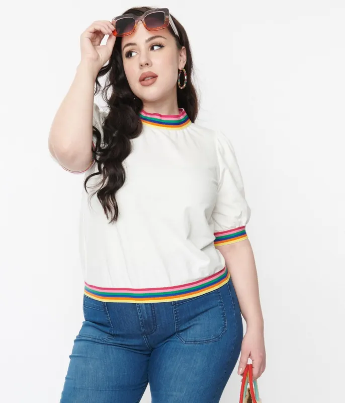 Ivory & Rainbow Trim Mock Neck Top made by Unique Vintage
