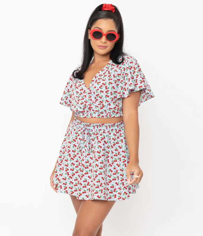 Unique Vintage Blue & Red Cherry Print Dottie Crop Top sold by Unique Vintage