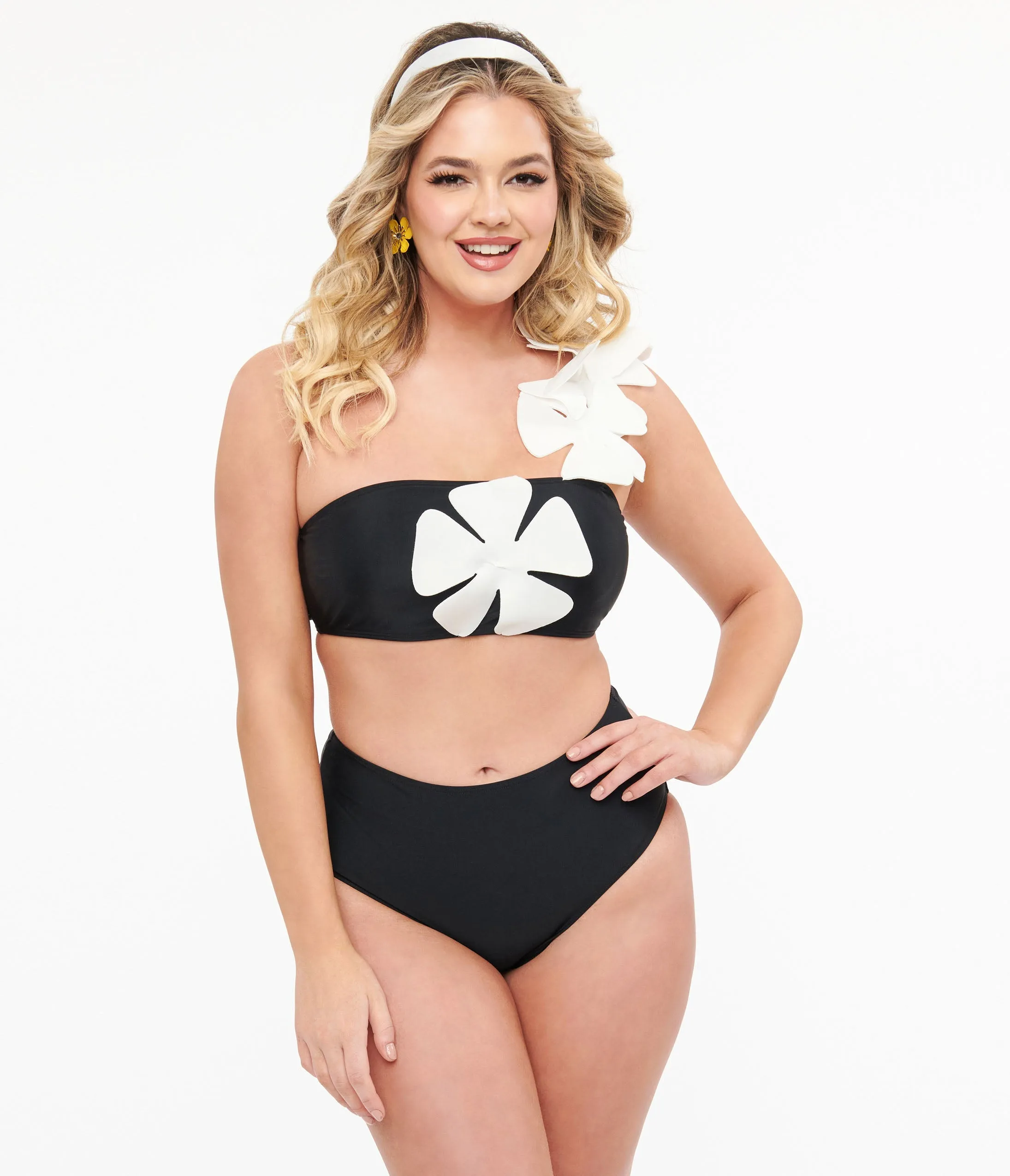 Black & White One Shoulder Flower Two Piece Swim Set sold by Unique Vintage