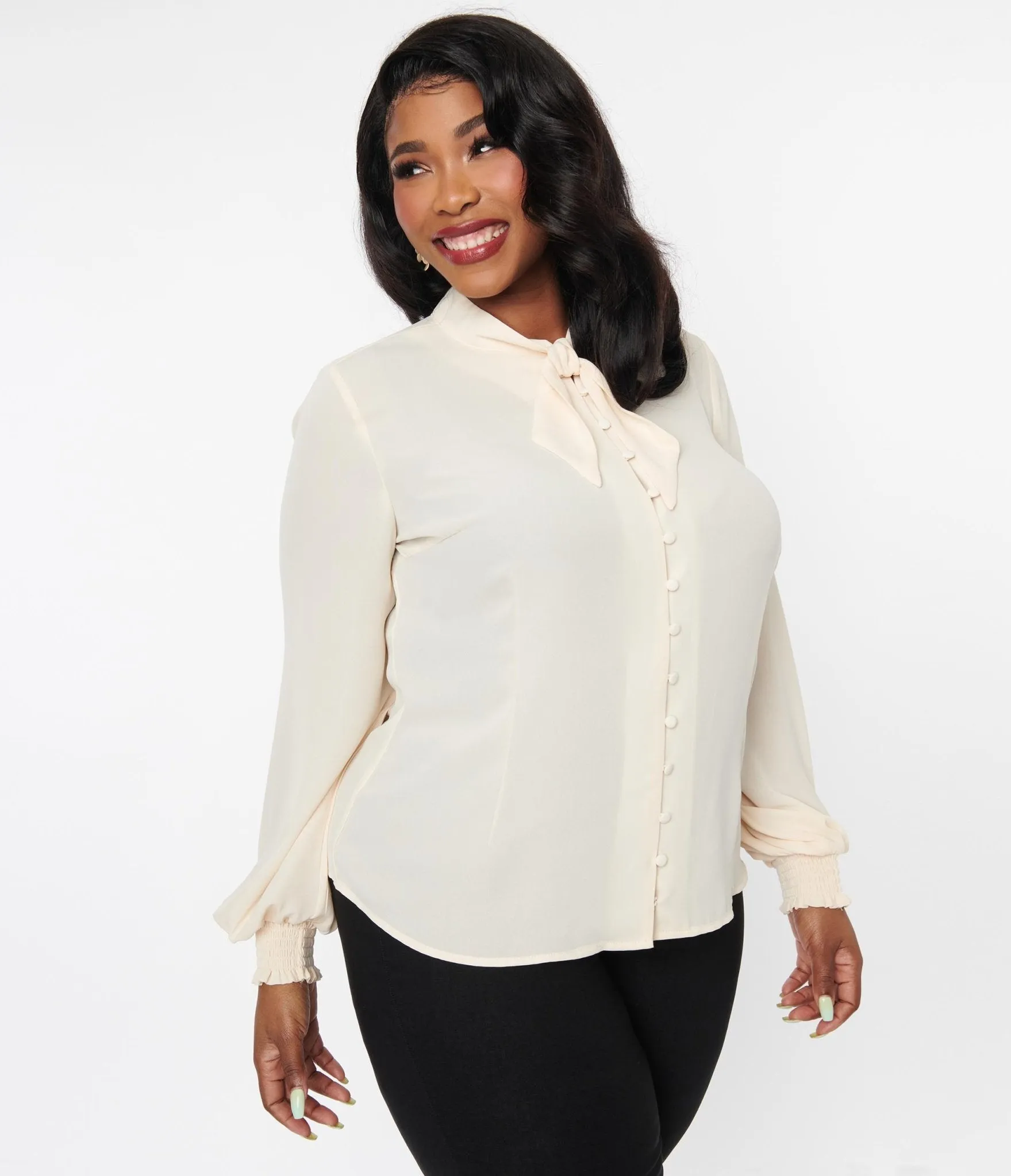 Unique Vintage Plus Size 1940s Ivory Neck Tie Blouse sold by Unique Vintage product image thumbnail 4