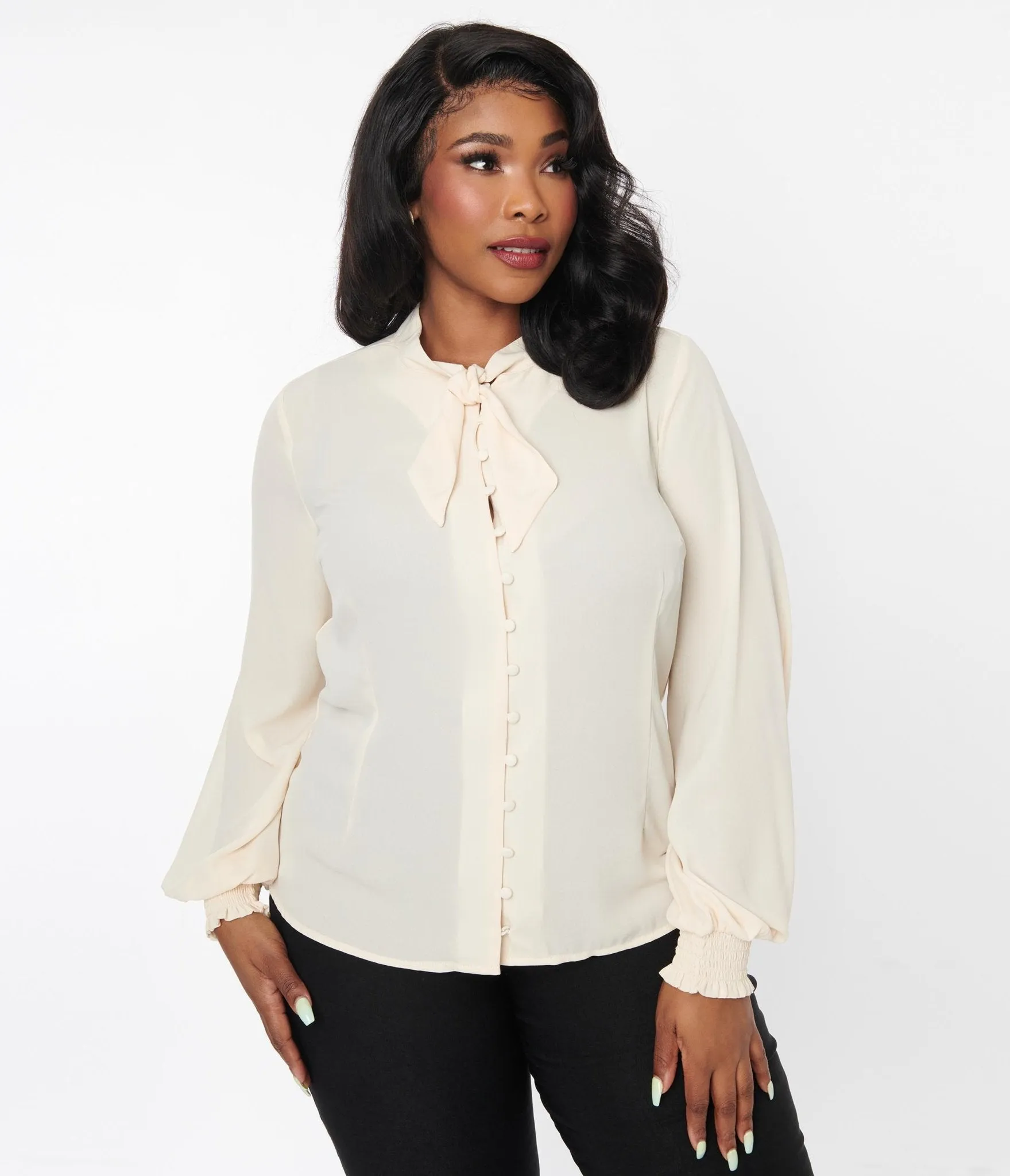 Unique Vintage Plus Size 1940s Ivory Neck Tie Blouse sold by Unique Vintage product image thumbnail 3