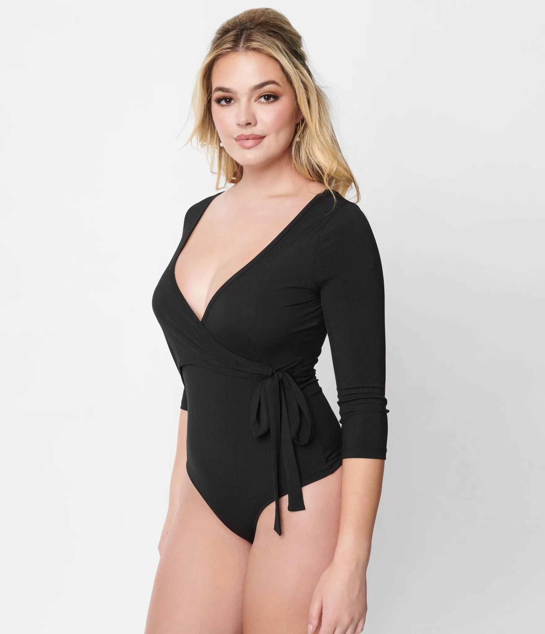 Unique Vintage 1970s Black Ribbed Surplice Bodysuit sold by Unique Vintage product image thumbnail 4